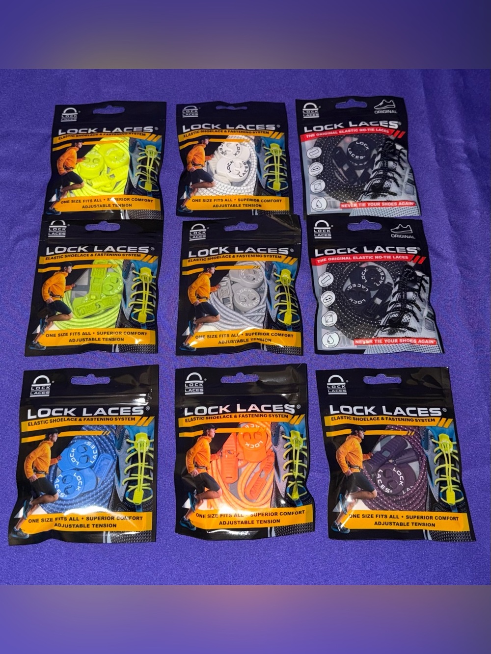 NWT Lock Laces Brand Elastic No-Tie Shoelaces Lot of 9 Assorted Colors $90 MSRP